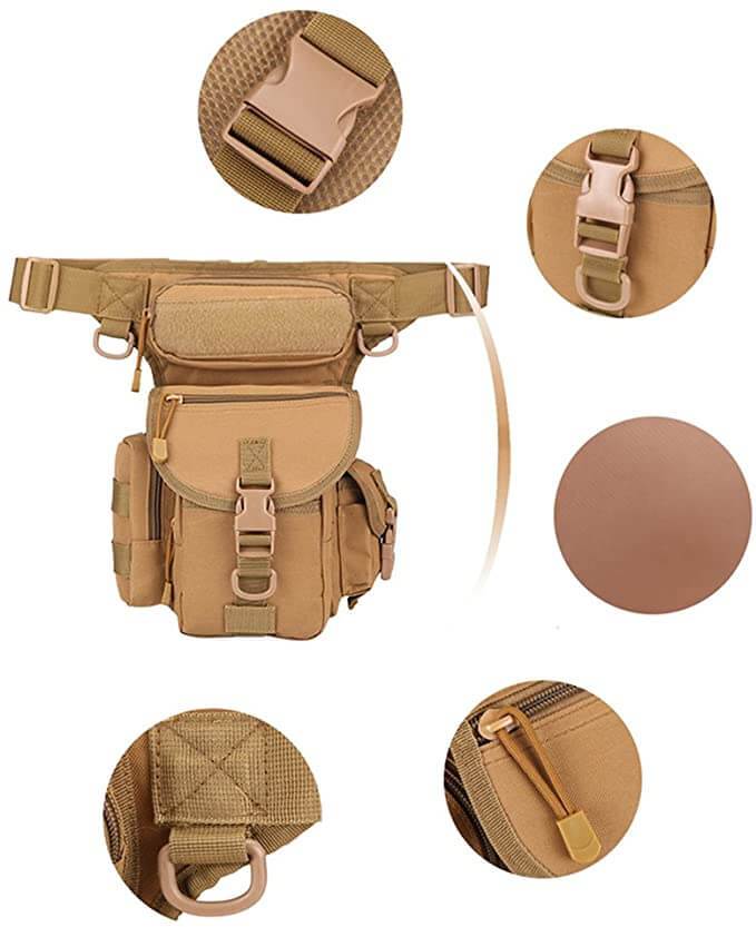 Hands-free men's multi-pocket drop leg bag, robust for outdoor and adventure use.