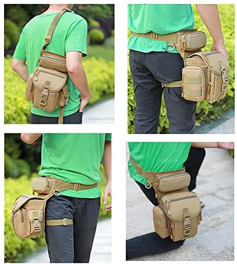 Adventure-ready men's drop leg bag with secure multi-pocket storage, tactical design.