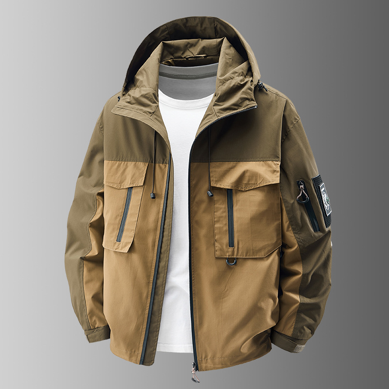 Rugged men's tactical jacket, highly durable and weather-resistant for outdoor adventure and military-style wear.