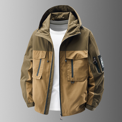 Rugged men's tactical jacket, highly durable and weather-resistant for outdoor adventure and military-style wear.