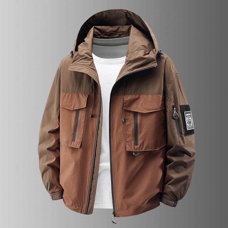 High-performance men's tactical jacket, ideal all-weather outdoor gear for adventure. Durable utility design.