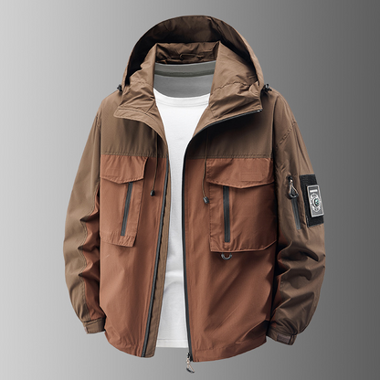 High-performance men's tactical jacket, ideal all-weather outdoor gear for adventure. Durable utility design.