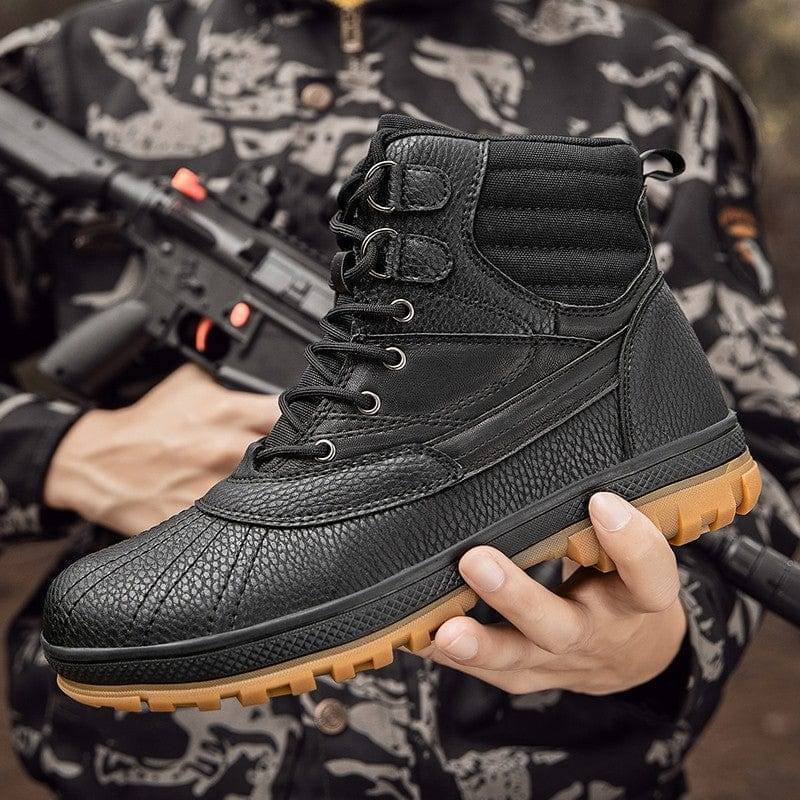 Men's durable tactical military combat boots, black, waterproof, with strong grip for outdoor activities.
