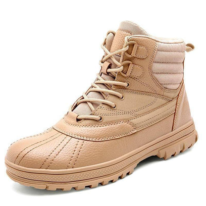 Pair of men's non-slip combat boots, designed for tactical use and hiking, in a dark, rugged finish.