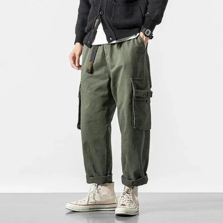 Black men's utility cargo pants, comfortable & durable cotton blend, versatile.