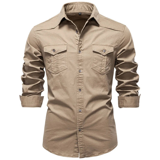 Men's durable utility shirt, long sleeve, button-up, rugged style for everyday wear.