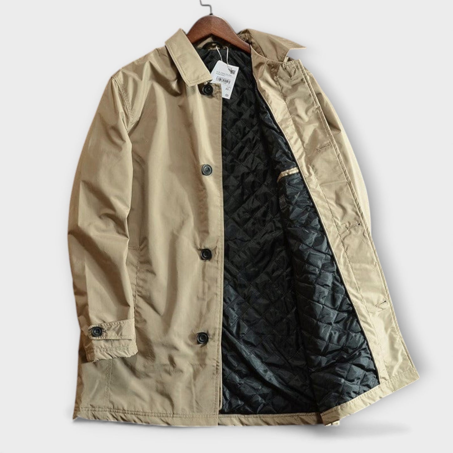 Stylish men's fall jacket, warm & insulated winter coat with weatherproof features for outdoor use.