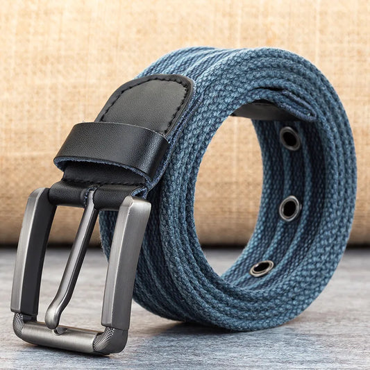 Men's durable woven belt with rich brown leather accents, perfect for casual everyday style.