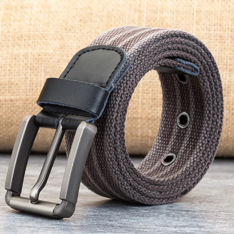 Classic men's durable woven belt with genuine leather accents, offering adjustable length for everyday wear.
