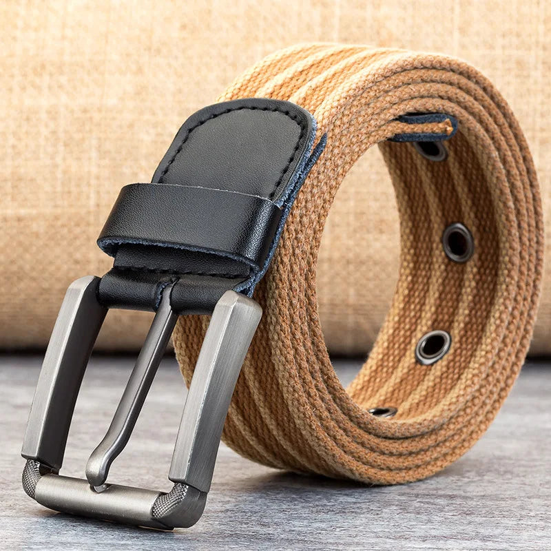 Durable men's woven belt with genuine dark brown leather buckle and tip, an essential accessory.