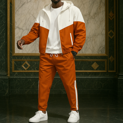 Contemporary men's dual-tone activewear tracksuit, offering comfort & style for athletic and casual use.