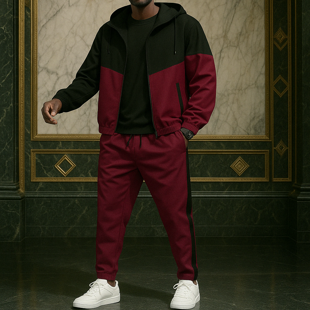 Versatile men's dual-tone tracksuit, combining athletic performance with stylish casual street fashion.