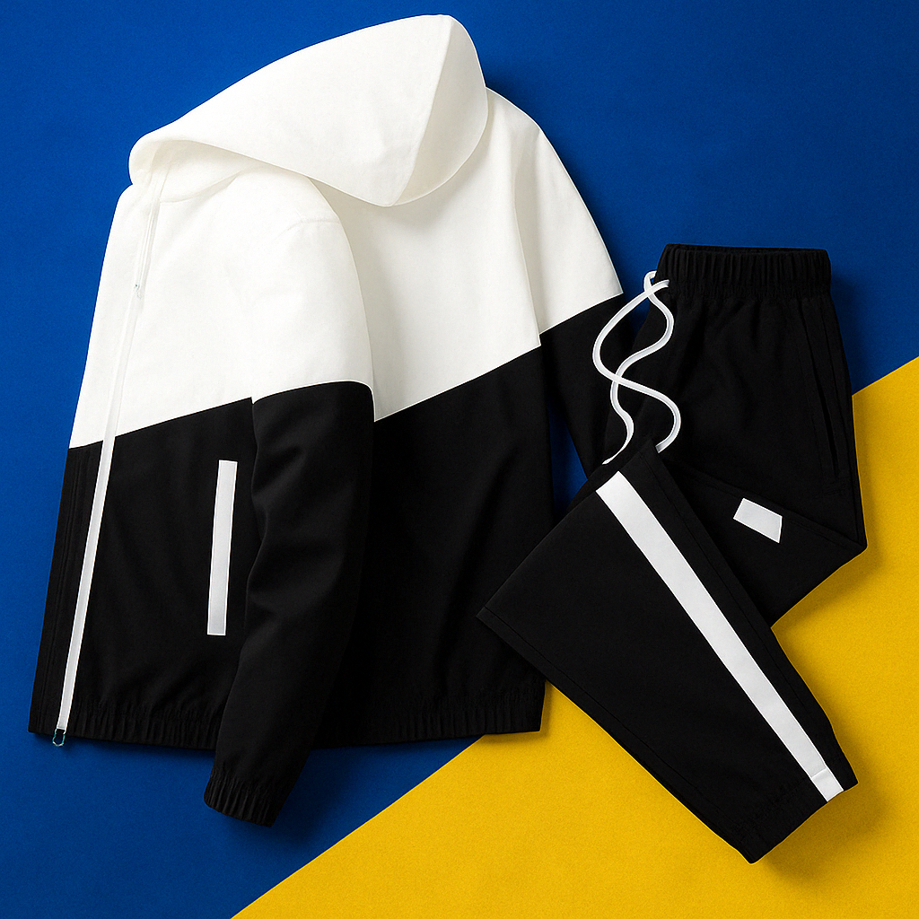 Dynamic men's dual-tone tracksuit. Functional athleticwear design for active lifestyles & fashion.