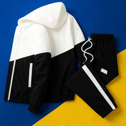 Dynamic men's dual-tone tracksuit. Functional athleticwear design for active lifestyles & fashion.
