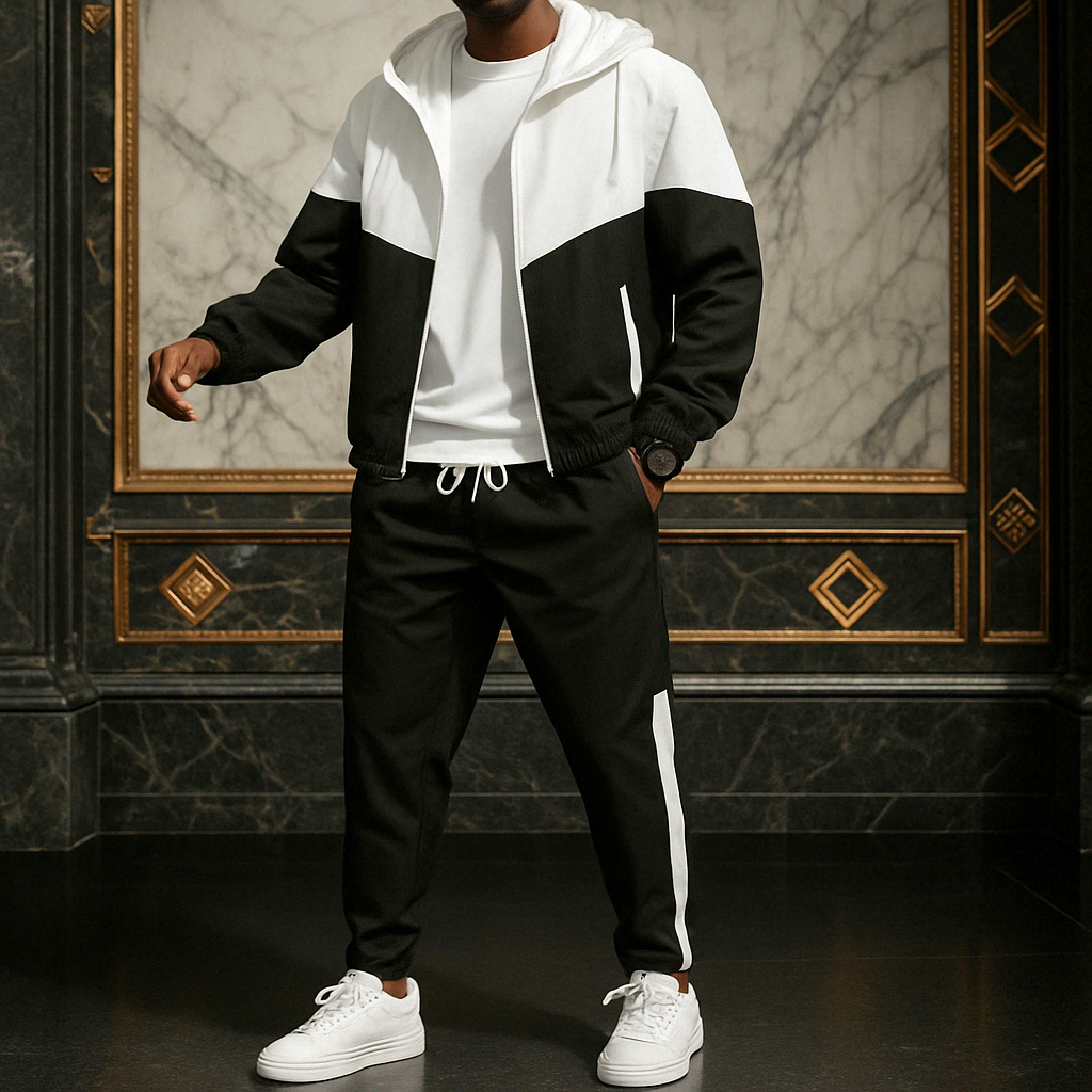 Men's dual-tone sporty tracksuit set, perfect for gym, running, or a modern street style look.