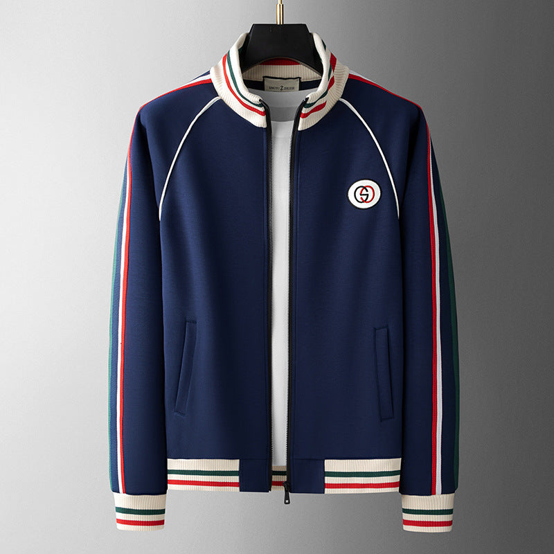 Comfortable men's full-zip tracksuit. Royal Navy top with legacy cream stripes, matching bottoms for activewear.