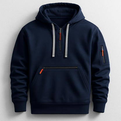 Athletic men's tech hoodie in performance fabric, offering dynamic comfort & utility style for active casual wear.