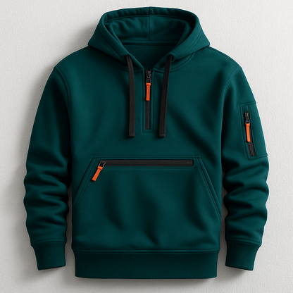Modern men's tech hoodie, utility style with dynamic design. An everyday essential for versatile casual layering.