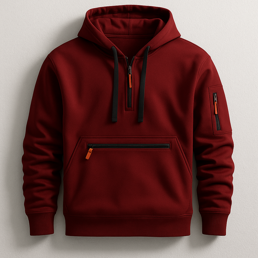 Comfortable men's tech hoodie, dynamic design in performance fabric. Perfect for athletic comfort & everyday wear.