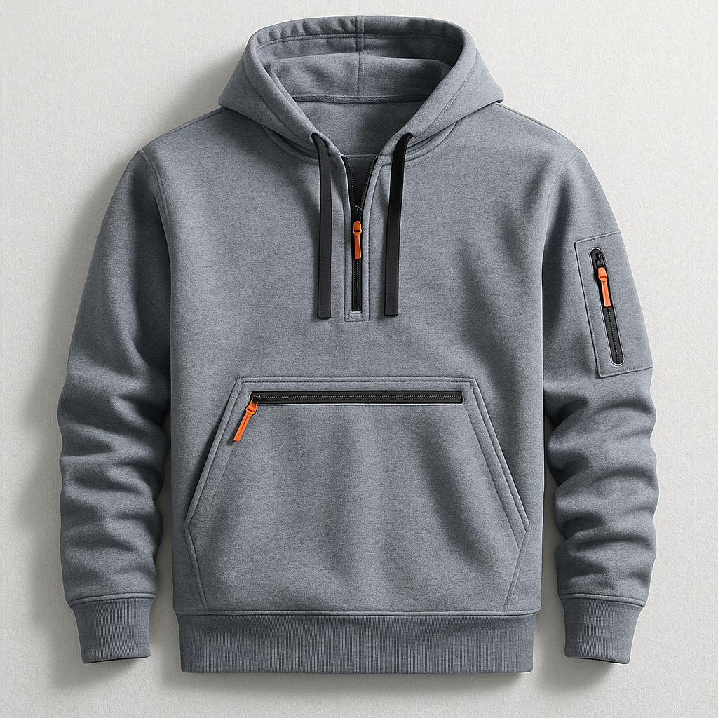 Functional men's tech hoodie, modern utility style. Provides dynamic athletic comfort, ideal as a casual layering piece.