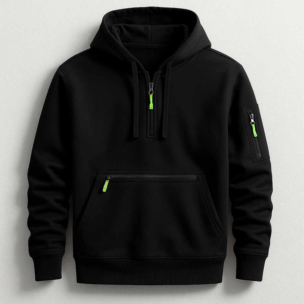Stylish men's tech hoodie, dynamic design for athletic comfort. A functional, modern everyday essential & layering piece.