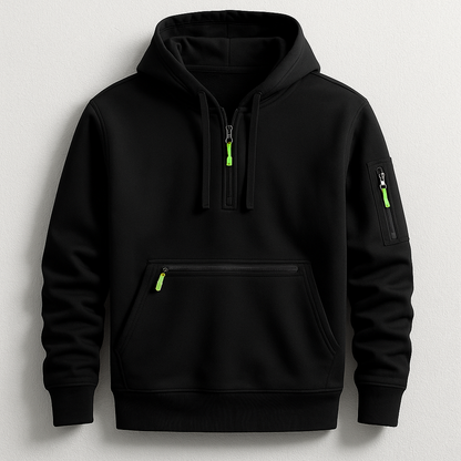 Stylish men's tech hoodie, dynamic design for athletic comfort. A functional, modern everyday essential & layering piece.
