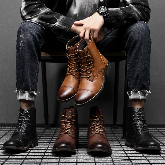 Rugged men's Easton leather boots with a vintage look, dark brown burnished finish, durable and comfortable.