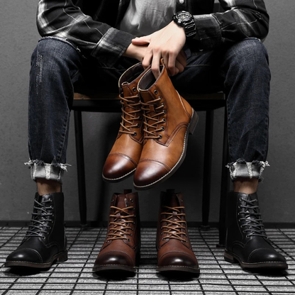 Rugged men's Easton leather boots with a vintage look, dark brown burnished finish, durable and comfortable.