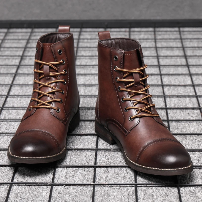 Rugged men's Easton vintage dark brown leather boots, classic footwear with a timeless, durable design.