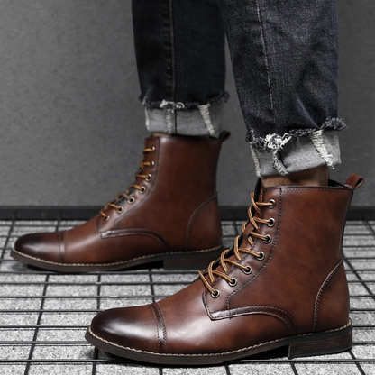 Versatile men's Easton vintage leather boots, perfect for both casual and dressy outfits, durable classic footwear.