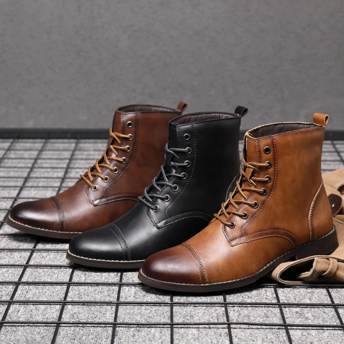 Classic men's Easton vintage-style leather boots, durable construction & timeless appeal in rich dark brown.