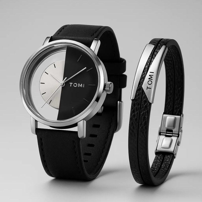Men's Eclipse Half-Dial Watch Set, modern design with genuine leather straps. Elegant statement accessory.
