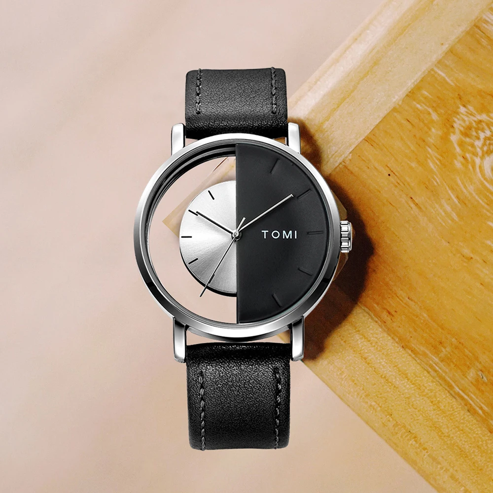 Sleek Men's Eclipse Half-Dial Watch, featuring a unique black half-dial & polished silver casing.