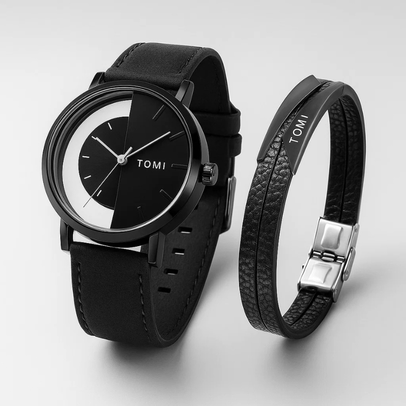 Modern statement Men's Eclipse Watch, unique half-dial design, perfect men's fashion accessory.