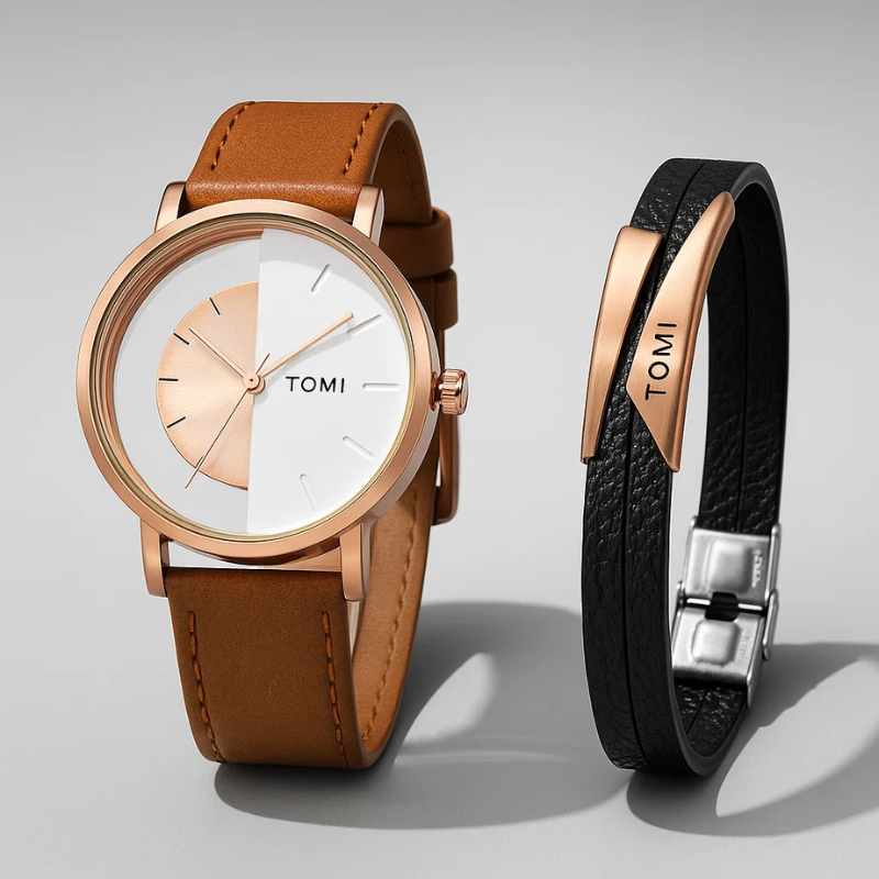 Men's Eclipse Half-Dial Watch on a wrist, demonstrating the comfortable fit of the leather strap.