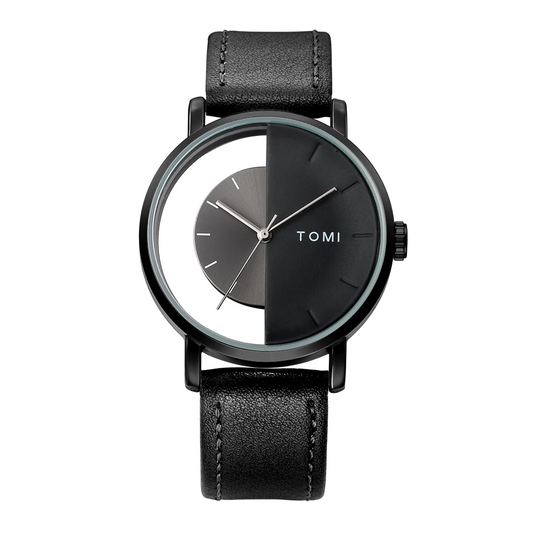 Men's Eclipse Half-Dial Watch with sleek black leather strap, modern analog design.