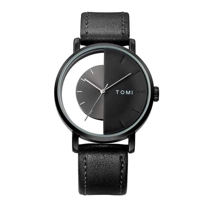 Men's Eclipse Half-Dial Watch with sleek black leather strap, modern analog design.