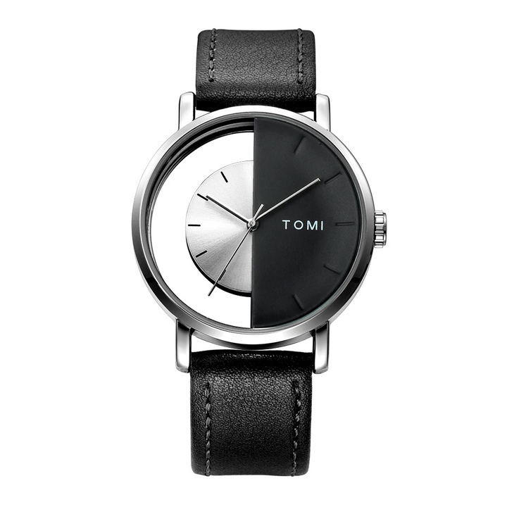 Brown leather strap men's Eclipse watch, half-dial, elegant timepiece, a fashion statement.