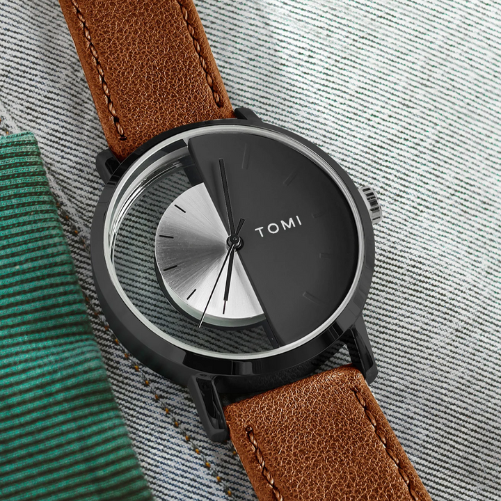 Men's Eclipse Half-Dial Watch on wrist, showing the stylish brown leather strap.