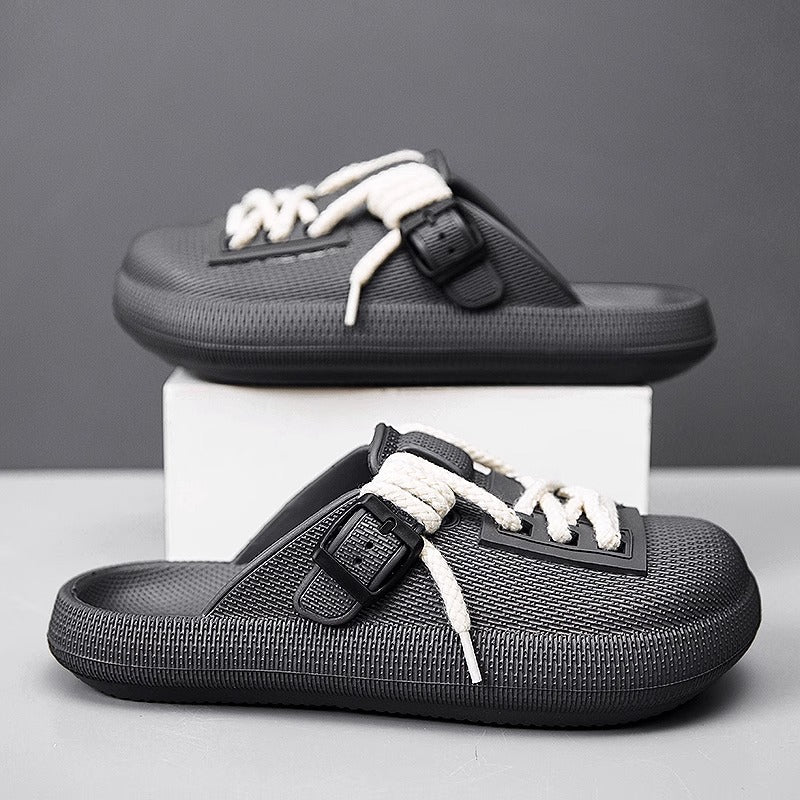 Close-up of Eclipse clogs' laces & comfortable footbed. Men's slip-on, water-friendly, casual footwear.