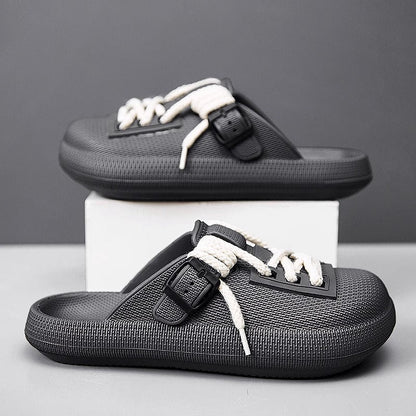 Close-up of Eclipse clogs' laces & comfortable footbed. Men's slip-on, water-friendly, casual footwear.