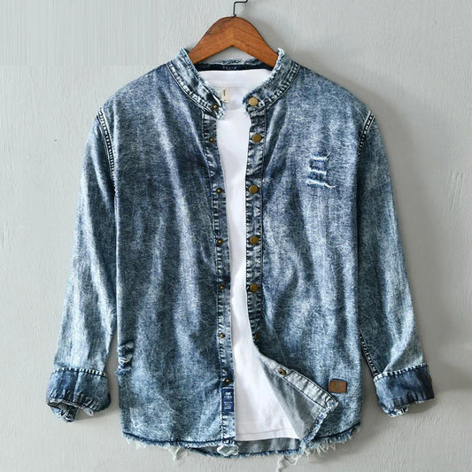 Men's edgy collarless light blue button-down shirt with a modern, unique design. Perfect casual top.