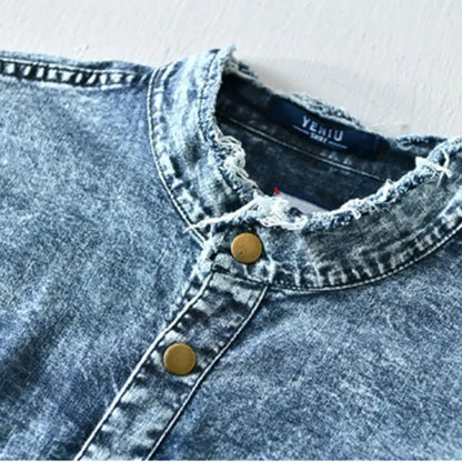 Stylish men's collarless blue button-down shirt. Edgy, modern design for a unique, casual fashion look.