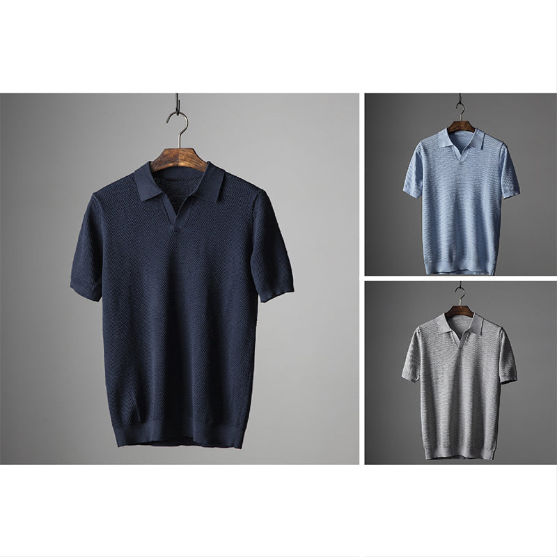 Gray men's comfortable short sleeve knit polo shirt for effortless casual wear.
