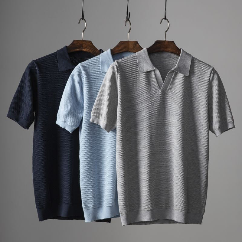 Soft knit men's polo shirt in light blue, dark blue, gray; essential short sleeve summer top.