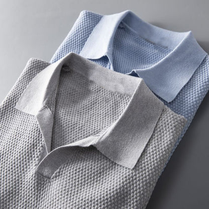 Men's fashion short sleeve knit polo, a smart casual essential shirt for everyday style.