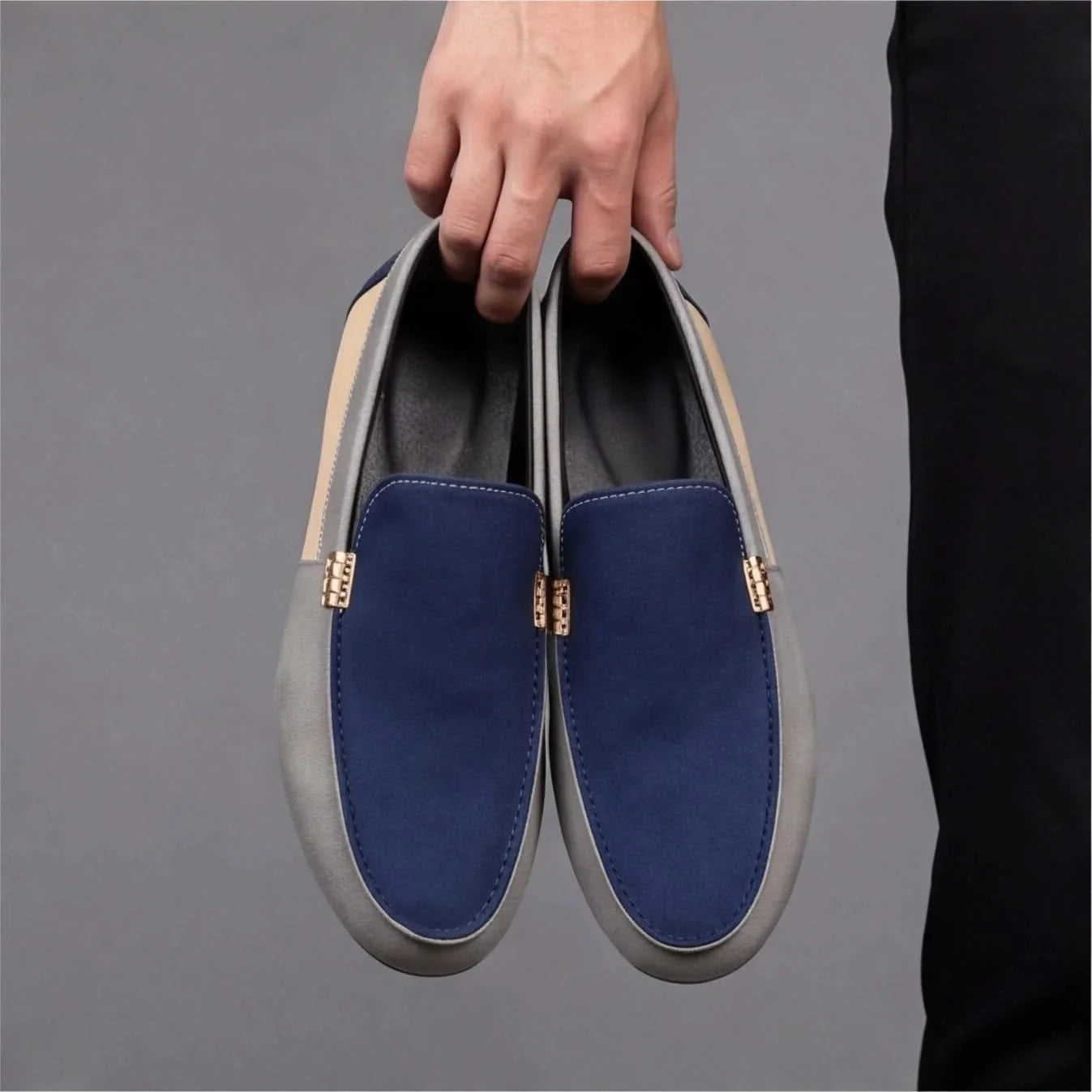 Blue men's slip-on loafers. Comfortable casual footwear, ideal for everyday spring/summer wear.