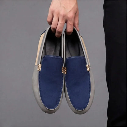 Blue men's slip-on loafers. Comfortable casual footwear, ideal for everyday spring/summer wear.