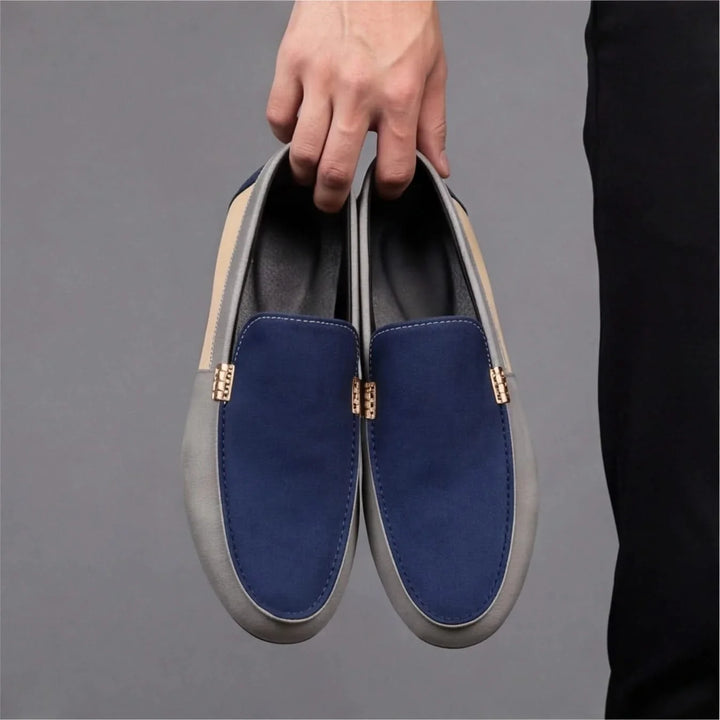 Blue men's slip-on loafers. Comfortable casual footwear, ideal for everyday spring/summer wear.