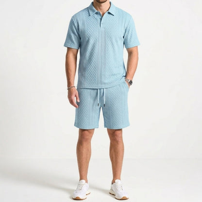 Men's effortless style polo & shorts two-piece set. Casual summer outfit with comfortable textured fabric.